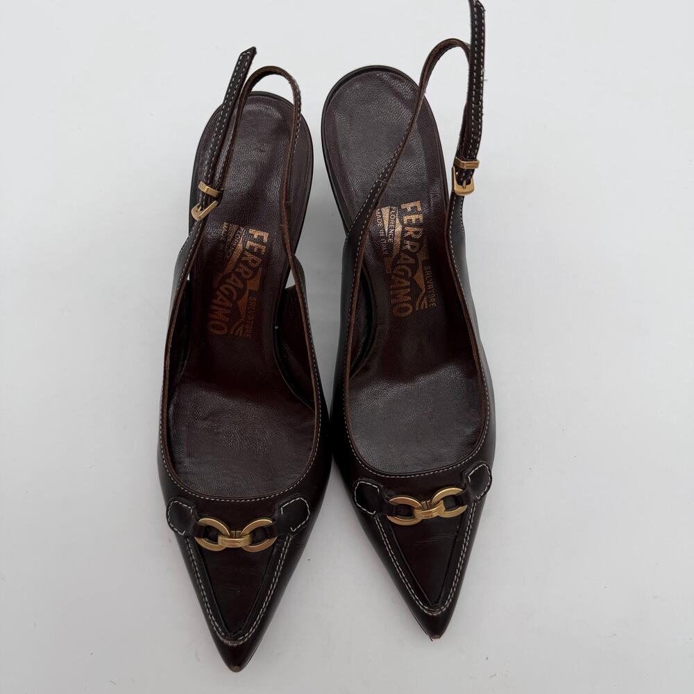 Salvatore Ferragamo Acribia Slingback Kitten Heels Chocolate Brown Gold 7.5 - Picture 8 of 8